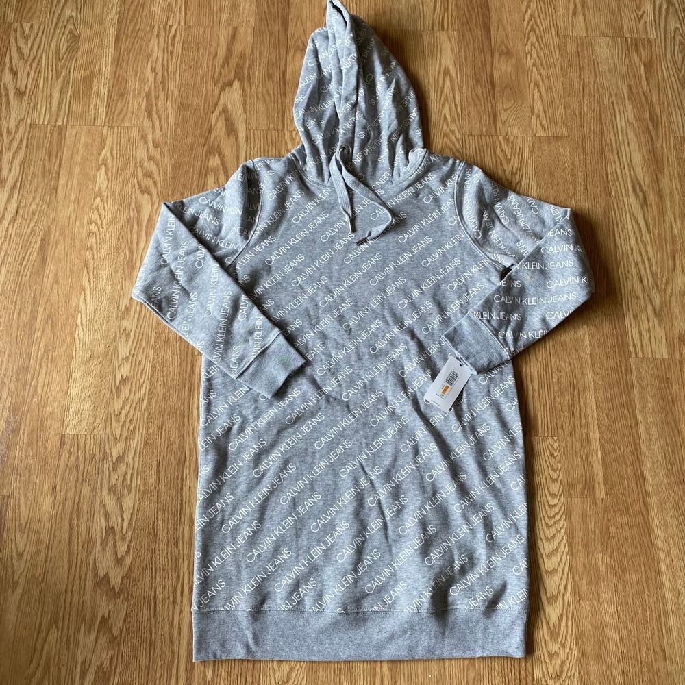 Calvin Klein Jeans Allover Logo Print Hoodie Dress Gray Small
